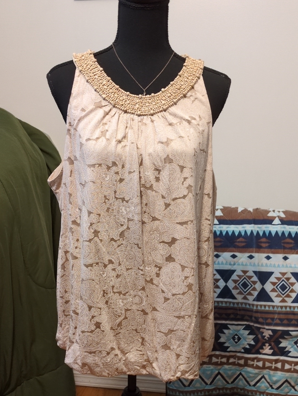 Covington Cream Paisley Beaded-Neck Sleeveless Camisole